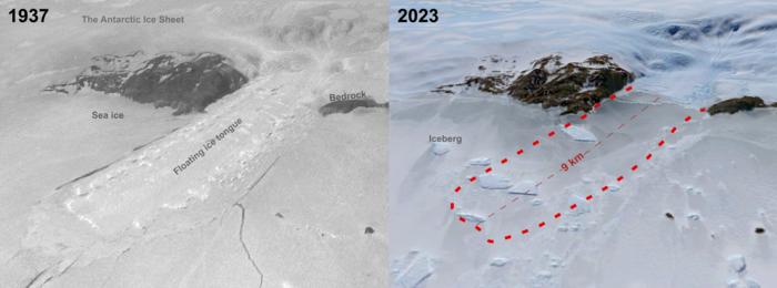 Honnörbrygga Glacier in Lützow-Holm Bay in 1937 compared to a modern Landsat satellite image from 2023