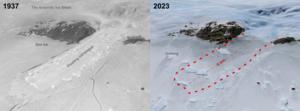 Honnörbrygga Glacier in Lützow-Holm Bay in 1937 compared to a modern Landsat satellite image from 2023