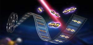 Charge migration in a linear carbon-chain molecule, captured by high harmonic spectroscopy (artistic rendering).