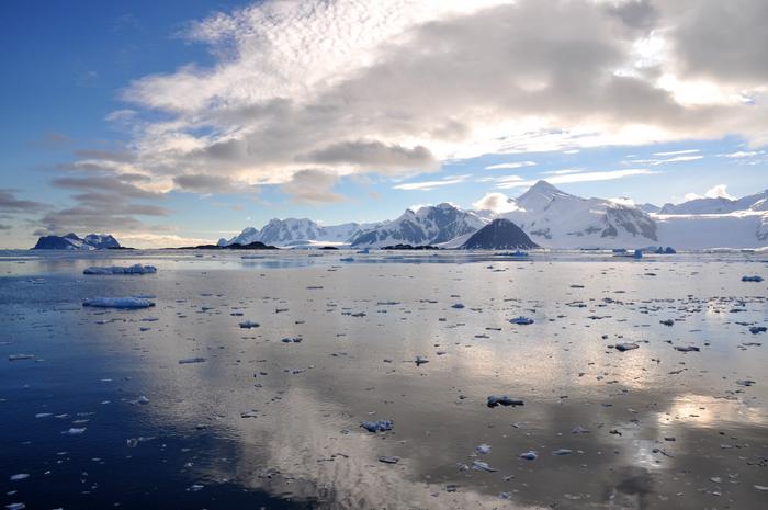 The mountainous and icy coastline of the Antarctic Peninsula