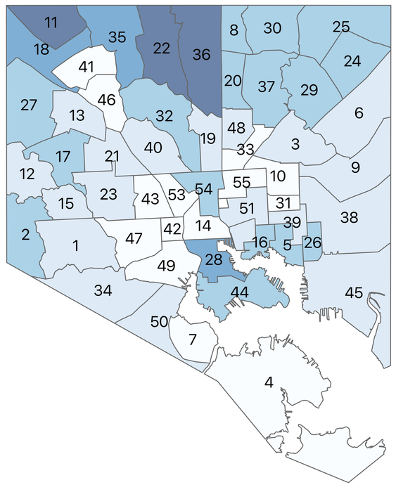 Fig 2. 2013 Baltimore community statistical areas (CSAs) by life expectancy.
