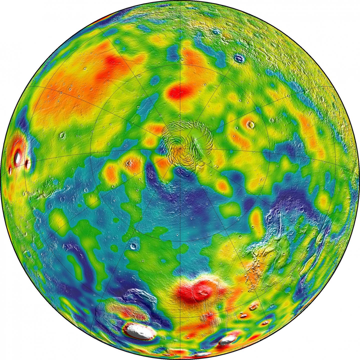 A Map of Martian Gravity Looking down on the North Pole