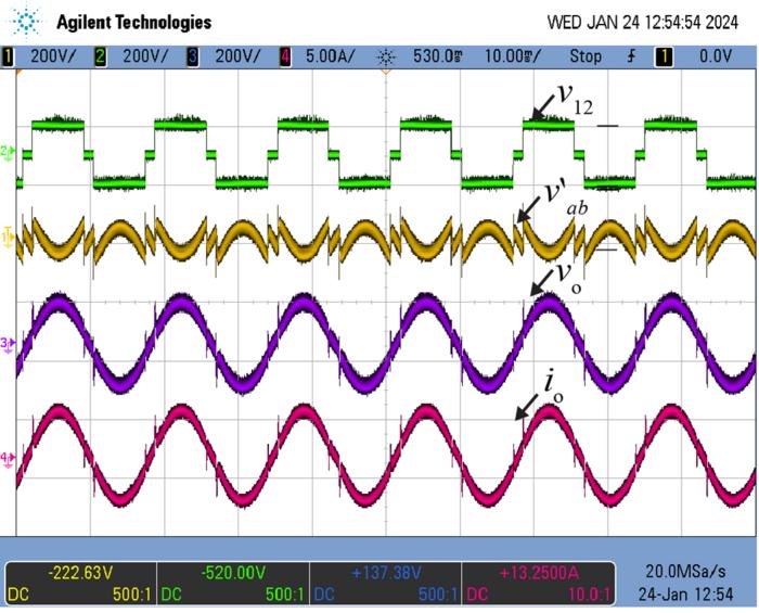 Fig. 3. Experimental results showing the main waveforms  (from top to bottom) : v12: inverter output, v’ab: transformer secondary voltage, vo: output voltage, io: output current.