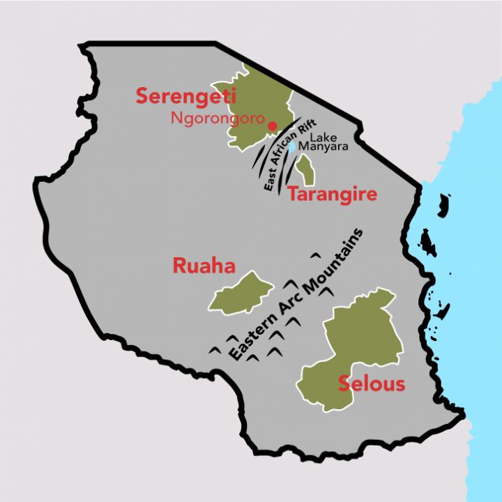 Map of studied elephant populations in Tanzania