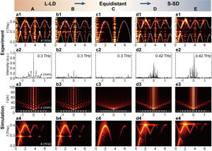 Fig. 2. Experimental (top two rows) and numerical (bottom two rows) demonstrations of topologically controlled THz confinement in the LN chip from L-LD though equidistant, and then to S-SD regions of the wedge-shaped SSH photonic lattice.