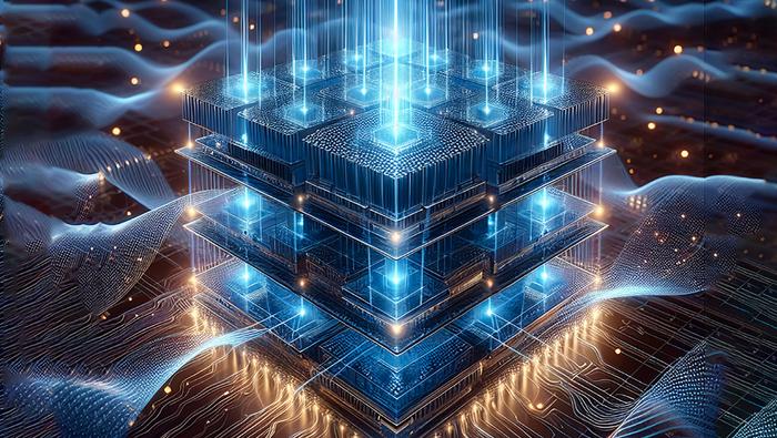 AI-generated (DALL-E 3) conceptual image depicting light waves passing through a physical system. © LWE/EPFL