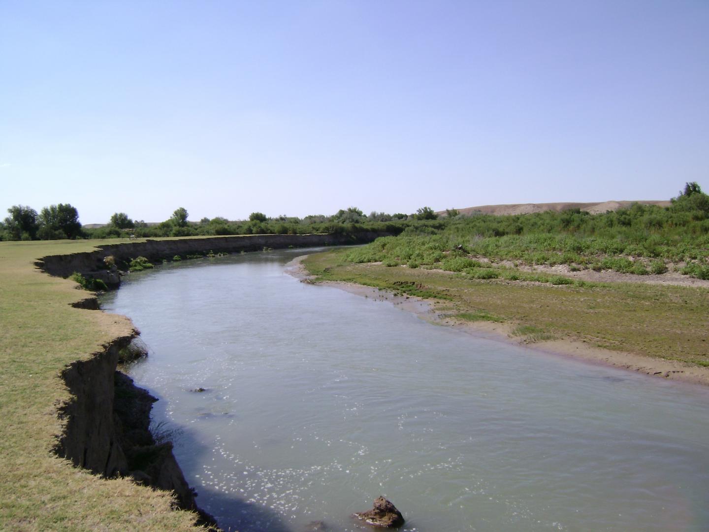 The lush green corridor of the current Arys river in Kazakhstan; the high left bank was used for medieval floodwater farming 
