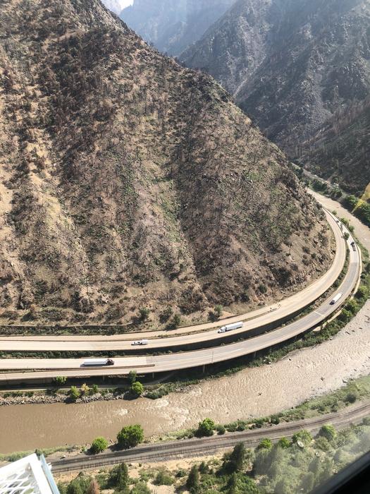 Vehicles drive on Interstate 70 in Glenwood Canyon, Colorado