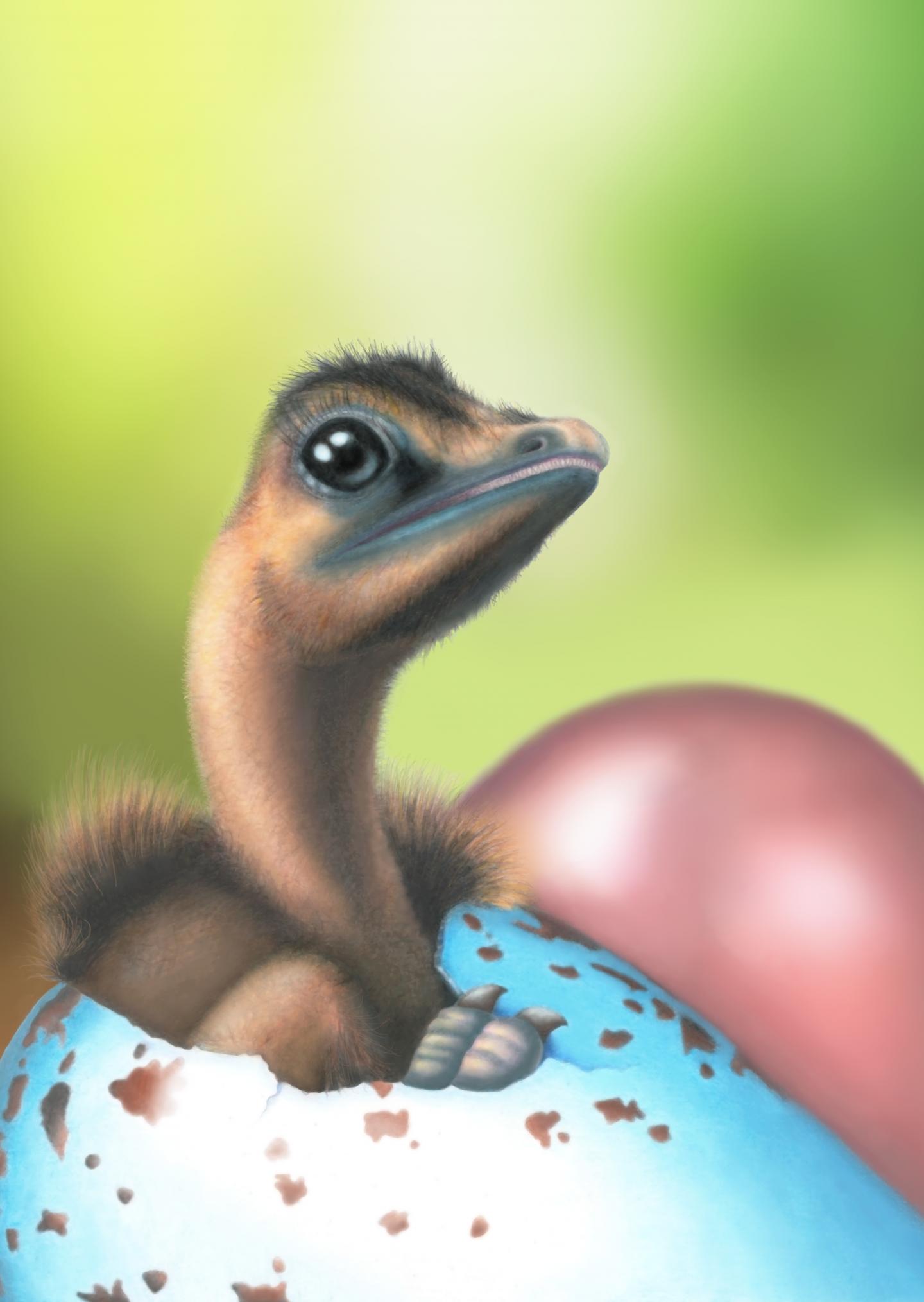 Illustration of a hatching Deinonychus chick from a blue egg with brown spo...