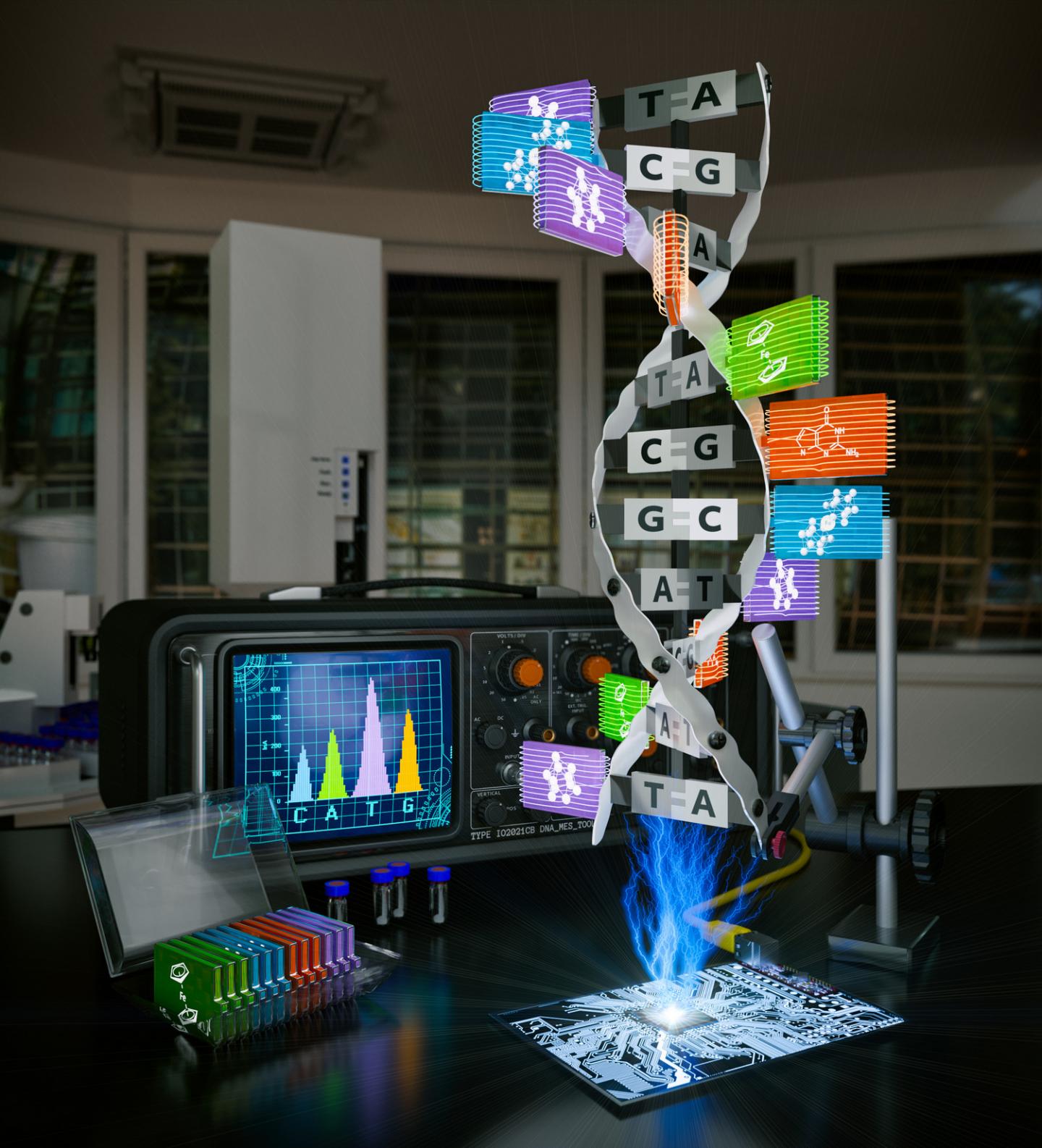 Artistic rendering of redox coding of DNA nucleobases