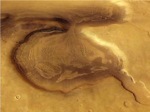Geological evidence on Mars that suggests the presence of liquid water in the past.