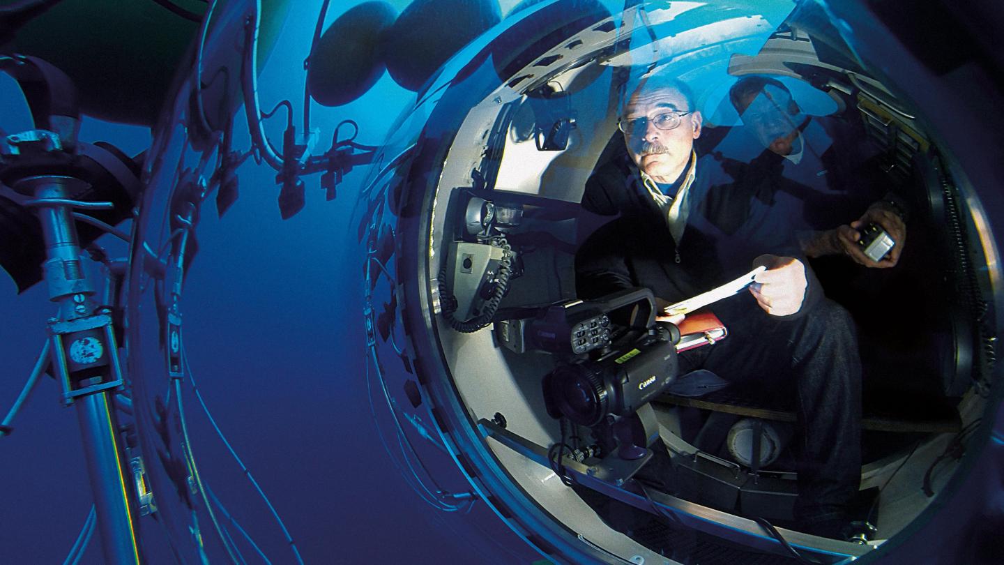 Professor Mark Hannington maps the site of an active volcano in the Atlantic Ocean from a submarine belonging to GEOMAR