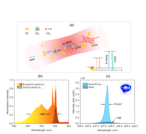 Fig. 1 Basic principle for the greenhouse gas detection with air-lasing-based Raman spectroscopy.