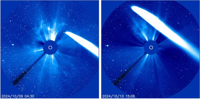 U.S. Naval Research Laboratory (NRL) imaging instrument, LASCO C3, captured sequences of comet C/2023 A3, known as Tsuchinshan-ATLAS, as it passed between the Earth and the Sun on Oct. 9 and 10. (U.S. Navy photo)