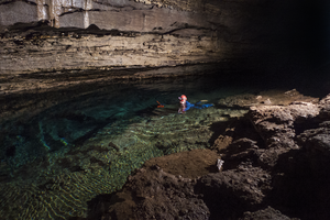 Dr. Matthew L. Niemiller snorkels in Shelta Cave