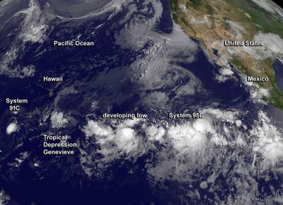 GOES-West Image of Genevieve and Three Other Lows