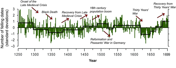 European building activity determined from tree-ring-dated historical timber