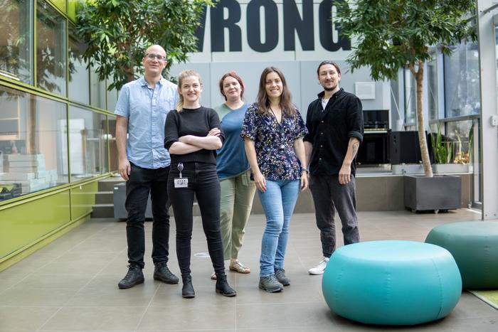 The study authors at IMBA. From left to right: Alejandro Burga, Sonya Widen, Alevtina Koreshova, Pinelopi Pliota, and Daniel Krogull. Israel Campo Bes is absent. ©IMBA/Cooper