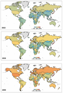 Estimated dams storage loss (%) in 2022, 2030, and 2050