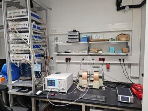 Fig. 1: Experimental inverse-design setup consisting of the device itself, mounted between the pole shoes of an electromagnet, vector network analyzer (VNA), the five multi-channel current sources, other components and a PC.