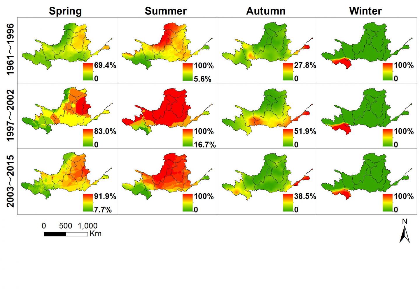 Figure 1. Spatial Distribution of Drought Frequency in Different Research Periods