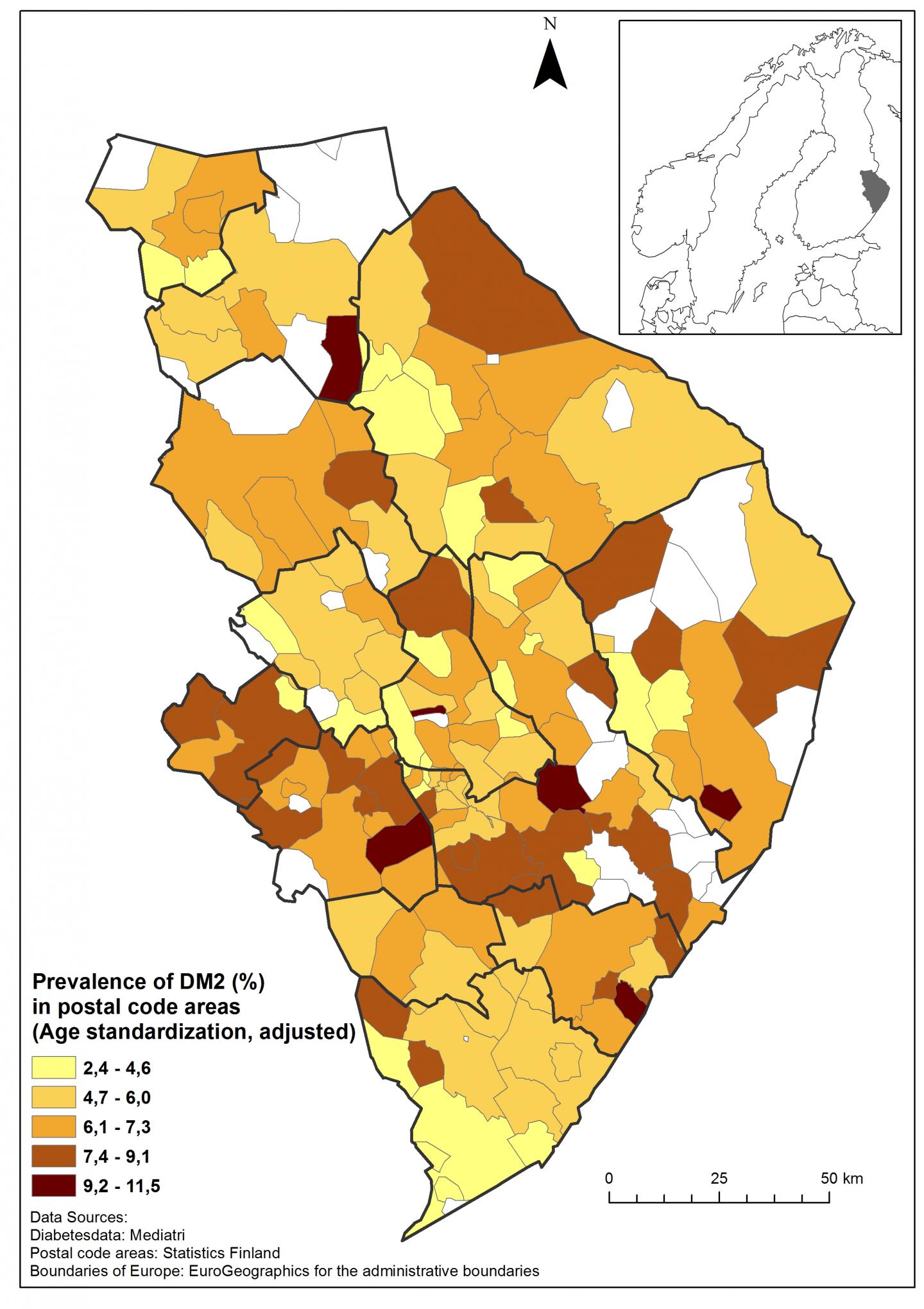 Prevalence of Type 2 Diabetes by Postal Code Area in Eastern Finland in 2012