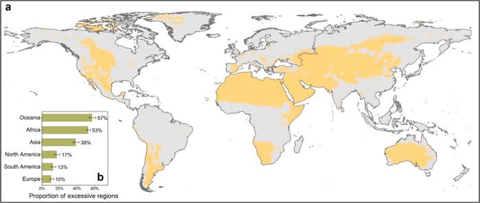 (a) Global distribution of regions with excessive groundwater sulfate and (b) proportion of regions with excessive groundwater sulfate on each continent