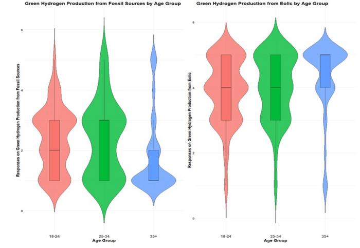 Hydrogen production from green and fossil sources distinguished by age and gender