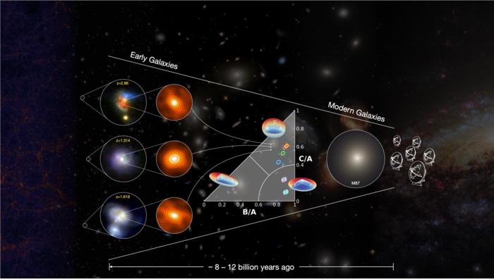 Schematic diagram illustrating the process of spheroid formation in distant submillimeter-bright galaxies and the possible link to the evolution of giant elliptical galaxies in the present-day Universe