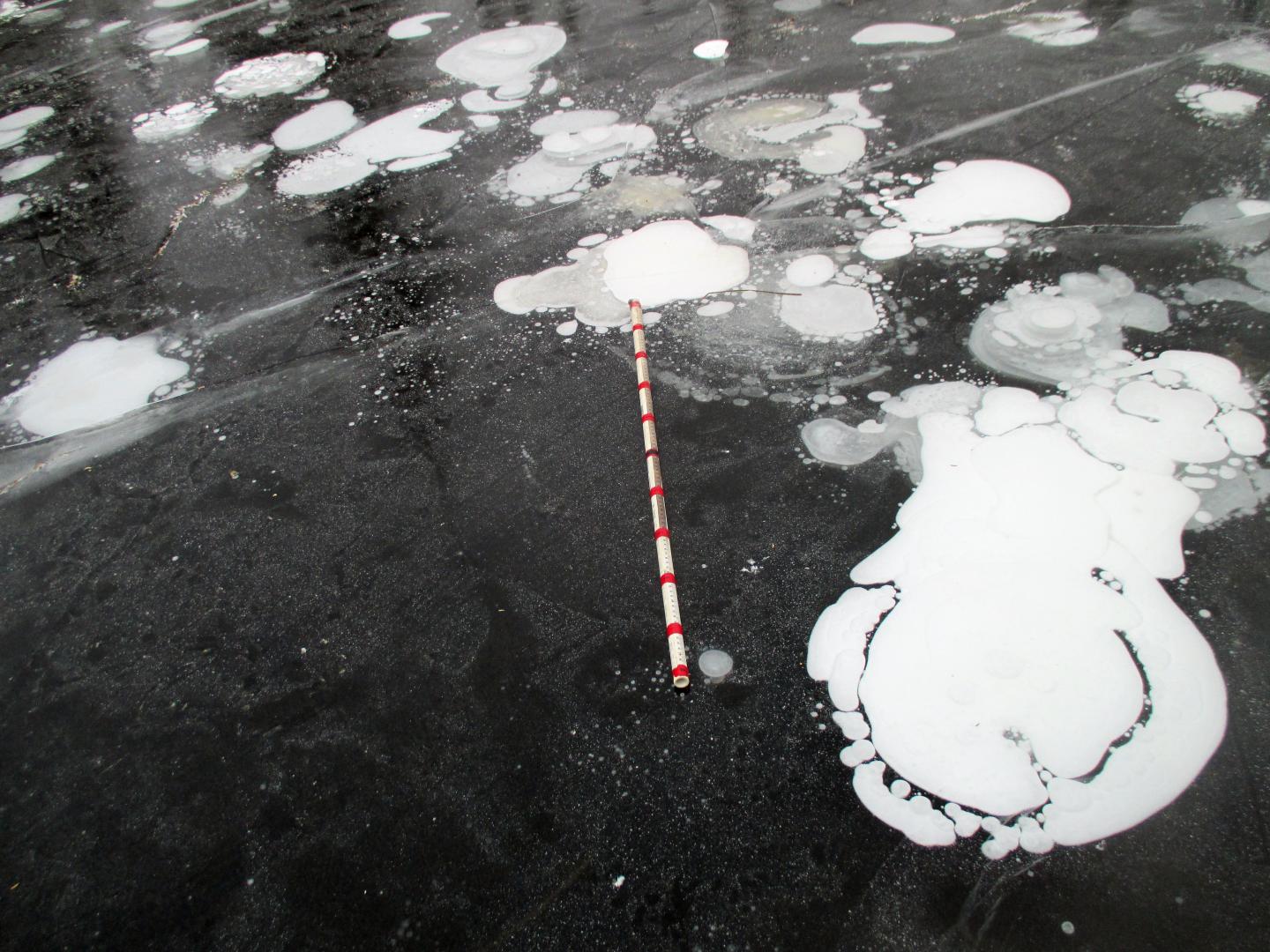 Bubbles underneath lake-ice