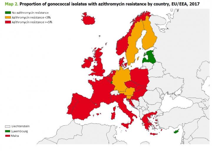 Proportion Of Gonococcal Isolates With Azithromycin Resistance By Country, EU/EEA, 2017