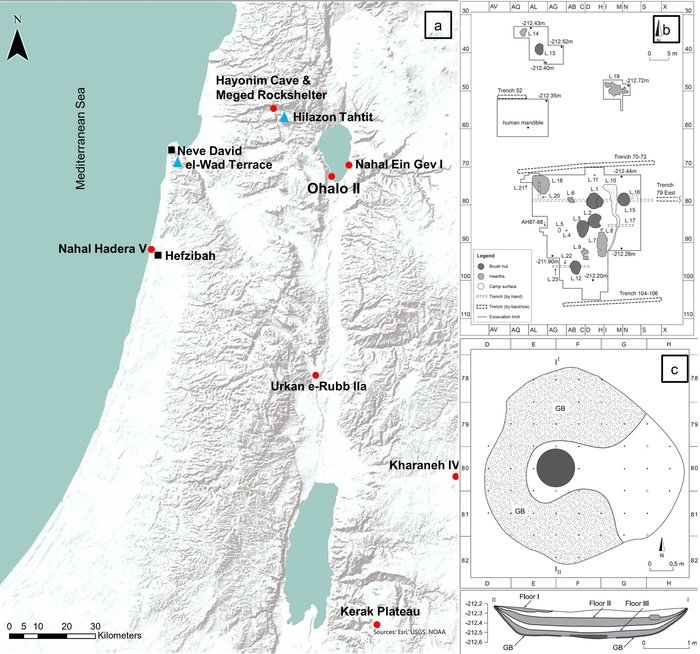 Fig 1. Map with location of southern Levantine Epipaleolithic sites mentioned in the text (a), plan of Ohalo II (b) and plan of Brush Hut 1 (c).