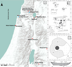 Fig 1. Map with location of southern Levantine Epipaleolithic sites mentioned in the text (a), plan of Ohalo II (b) and plan of Brush Hut 1 (c).