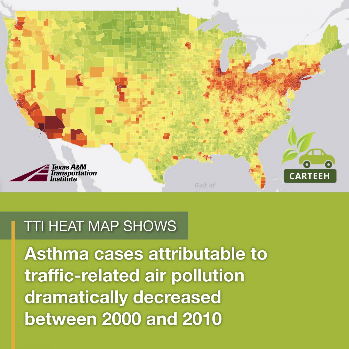 Heat Map Showing Traffic Related Air Pollution and the Burden of Childhood Asthma in the Contiguous United States in 2000 and 2010