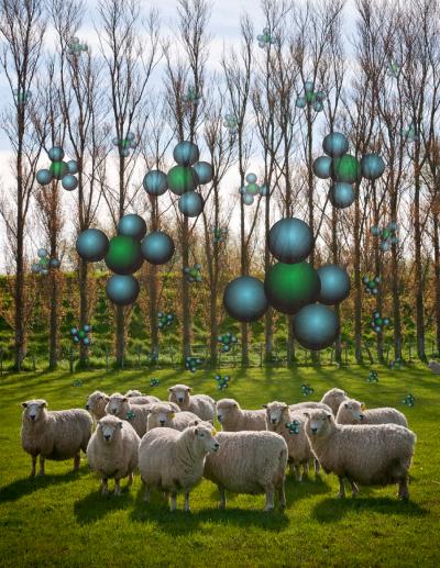 Sheep in a Field Surrounded by Methane Molecules
