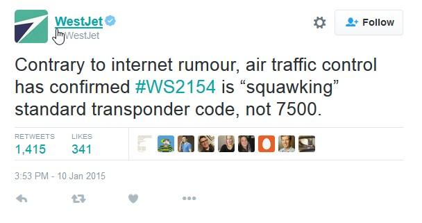 WestJet Denial Tweet