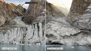 Photos of the mountain peak and the glacier before and after the rockslide that caused a globally perceptible signal. (Photos: Søren Rysgaard (left), Danish Army (right) / Collage: Elias Kobel, KIT)