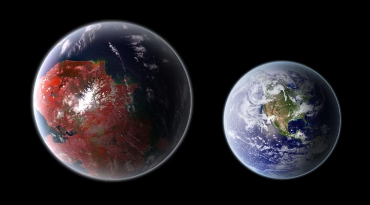 An artistic representation of Kepler 422-b, compared with Earth