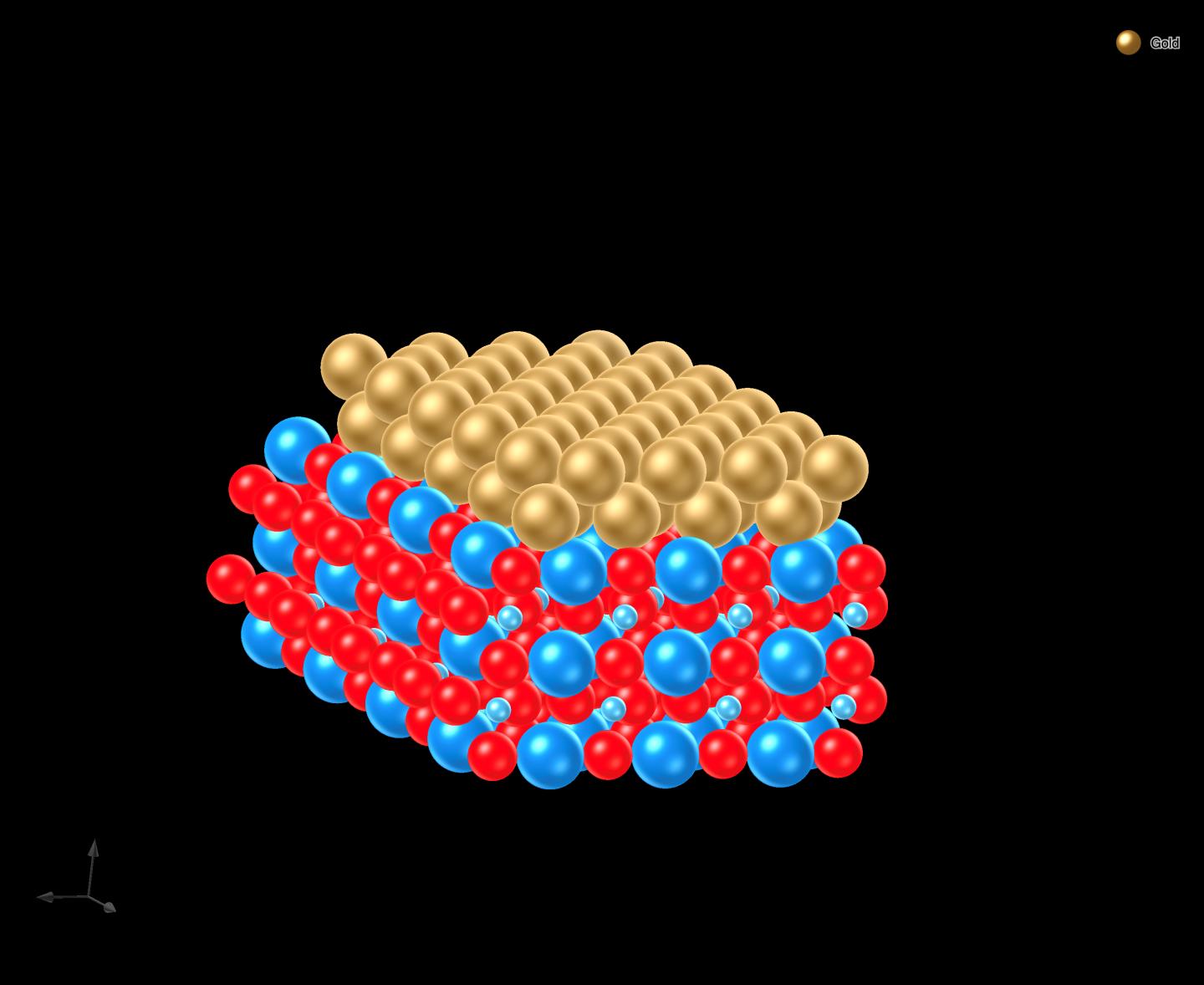 Atomic model of a Au-SrTiO3 Schottky interface.