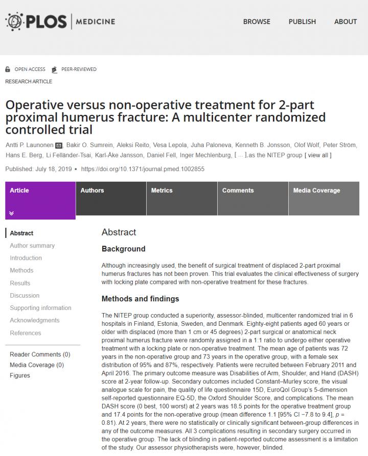 Operative Versus Non-Operative Treatment for 2-Part Proximal Humerus Fracture