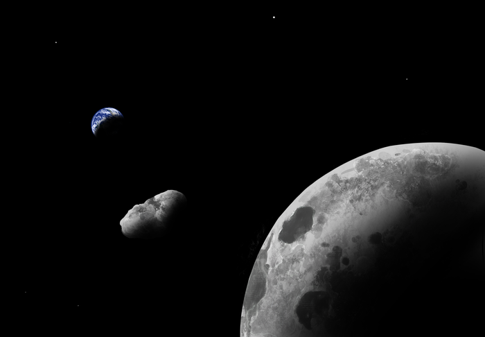 The Earth, asteroid and moon