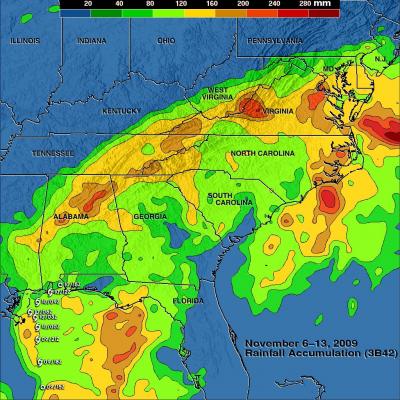 NASA's TRMM Satellite Rainfall Map of Ida's Rains