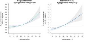 The non-linear associations between ambient temperature and hospitalization for hyperglycemic emergencies and hypoglycemic emergency over 0-3 lag days in Japan, 2012-2019