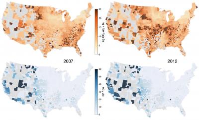 Spatial and Temporal Variation of Greenhouse Gas Emission and Irrigated Water Use Intensity of US Co