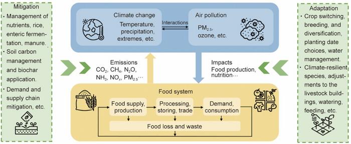 The interactions among food systems, climate change, and air pollution.