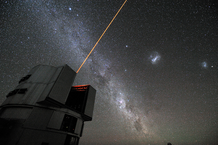 The VLT's Laser Guide Star: A laser beam launched from VLT´s 8.2-metre Yepun telescope crosses the majestic southern sky and creates an artificial star at 90 km altitude in the high Earth´s mesosphere. The Laser Guide Star (LGS) is part of the VLT´s Adaptive Optics system and it is used as reference to correct images from the blurring effect of the atmosphere.