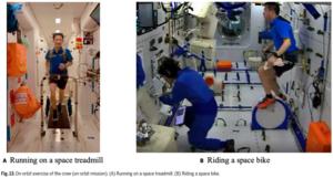 Fig. 13. On-orbit exercise of the crew (on-orbit mission). (A) Running on a space treadmill. (B) Riding a space bike.