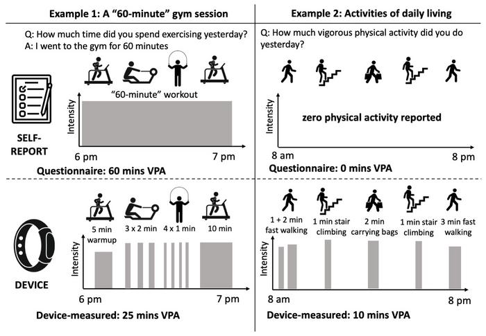 Physical activity captured by self-report questionnaire (top panels) versus wearable device (bottom panels) in two different scenarios.