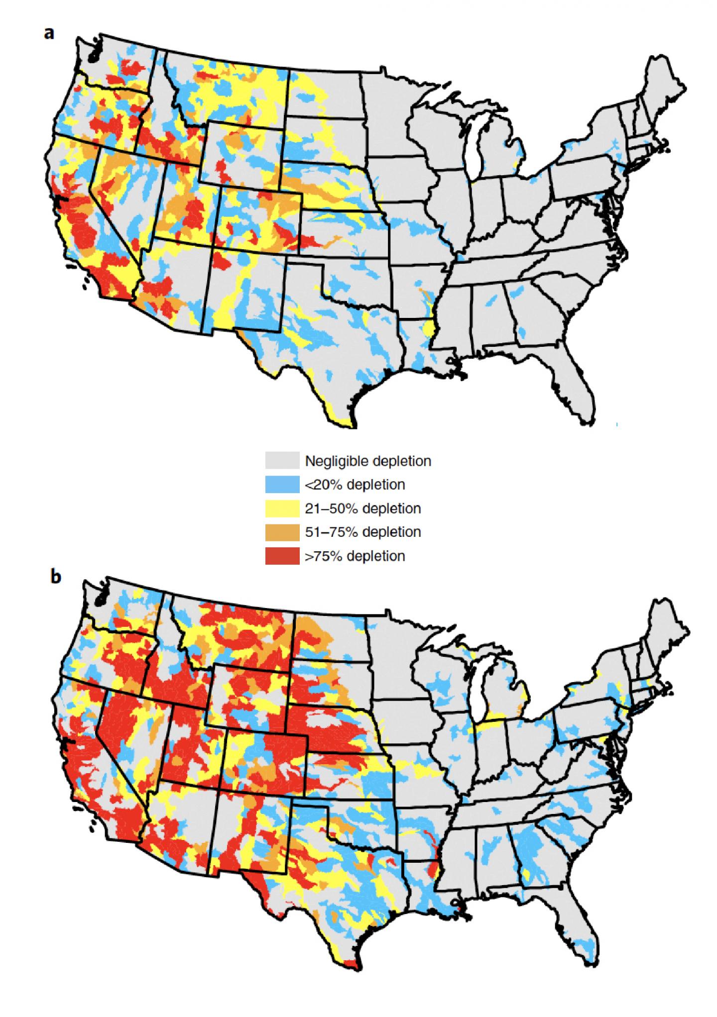 Depletion of river flow across the US during summer months.