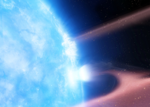 Artist’s impression of a white dwarf, G29—38, accreting planetary material from a circumstellar debris disk